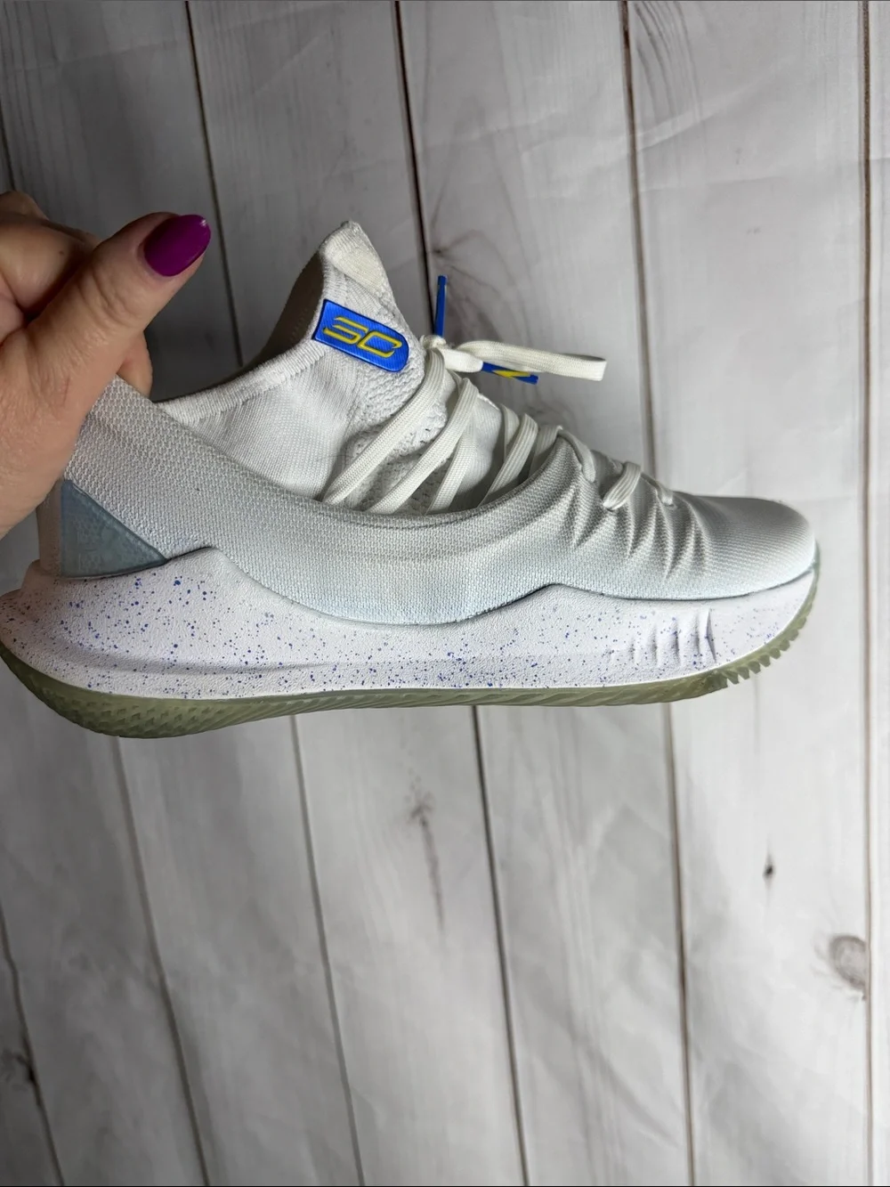 Collectable Under Armour Curry 5 Men's White Sneakers with Light Blue Accents